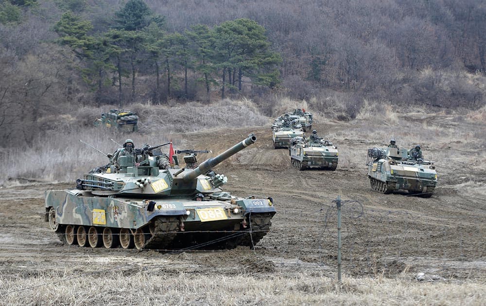 South Korean army's armored vehicles conduct the annual exercise in Paju, near the border with North Korea.