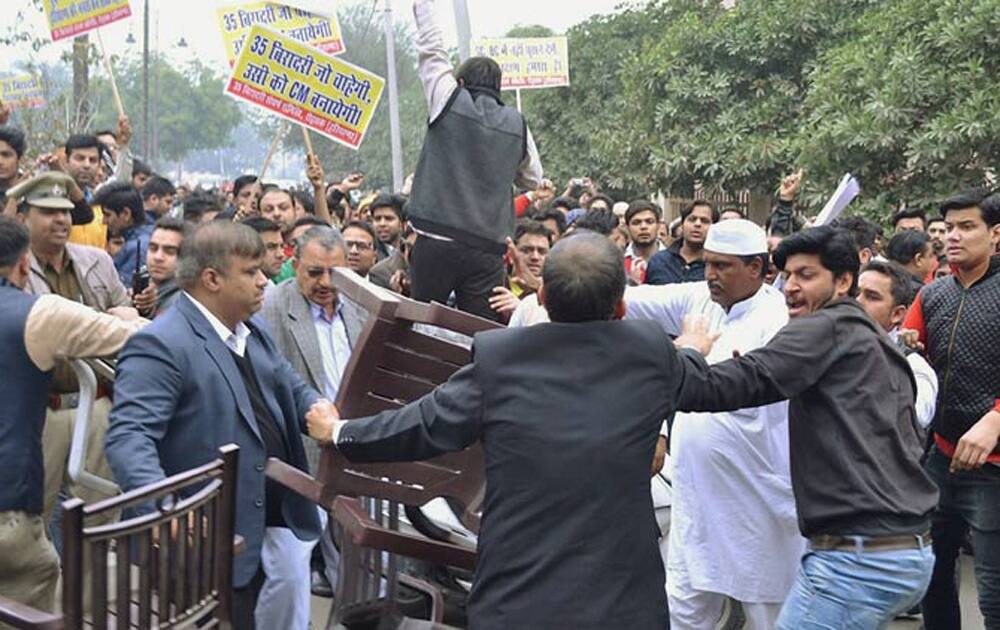 Jat community members clash with other community members during their agitation for reservation in Rohtak.