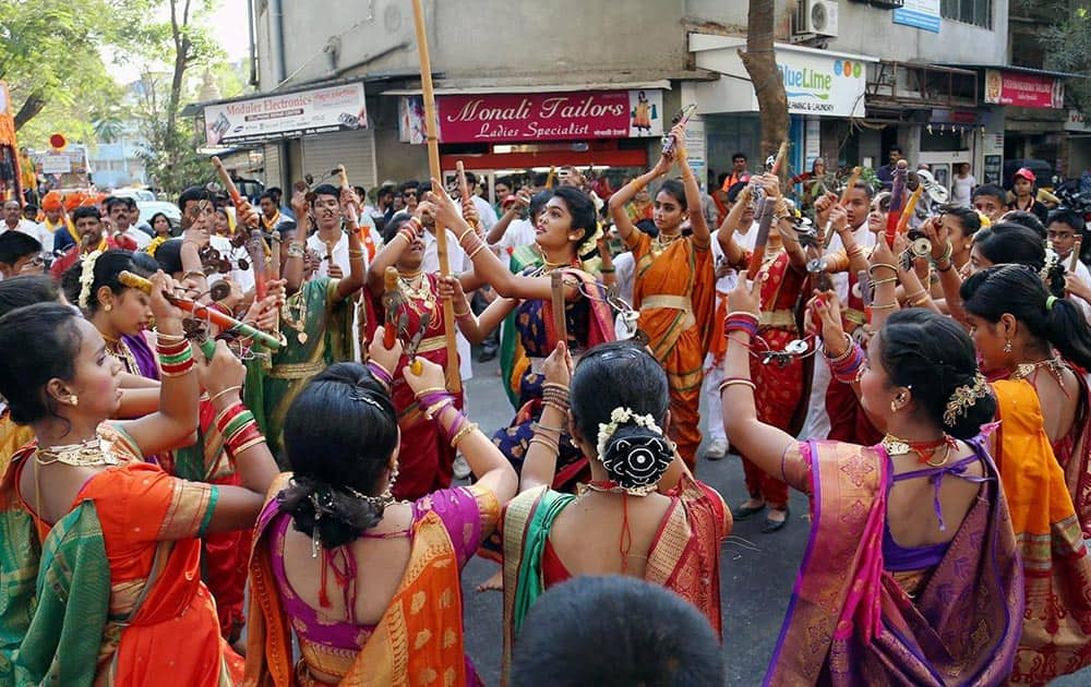 Women take part in traditional Dindi Yatra during the 96th Akhil Bharatiya Marathi Natya Sammelan in Thane, Mumbai.