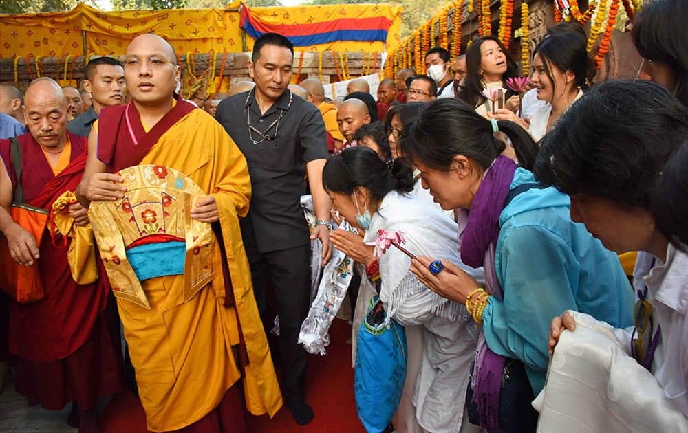 17th Karmapa Ogyen Trinley Dorjee taking part in a procession on the fifth day of 33rd Kagyu Monlam Prayers in Bodhgaya.