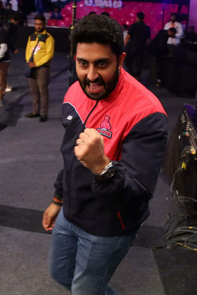 Bollywood Actor Abhishek Bachchan cheers his team during Pro Kabaddi match between Jaipur Pink Panthers and Bengaluru Bulls at Sawai Mansingh Indoor Stadium in Jaipur.