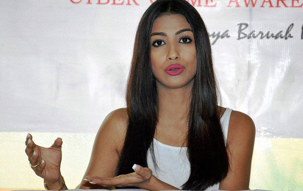 Femina Miss India East 2016 winner Rajkanya Baruah addressing the media on cyber safety awareness, in Guwahati.