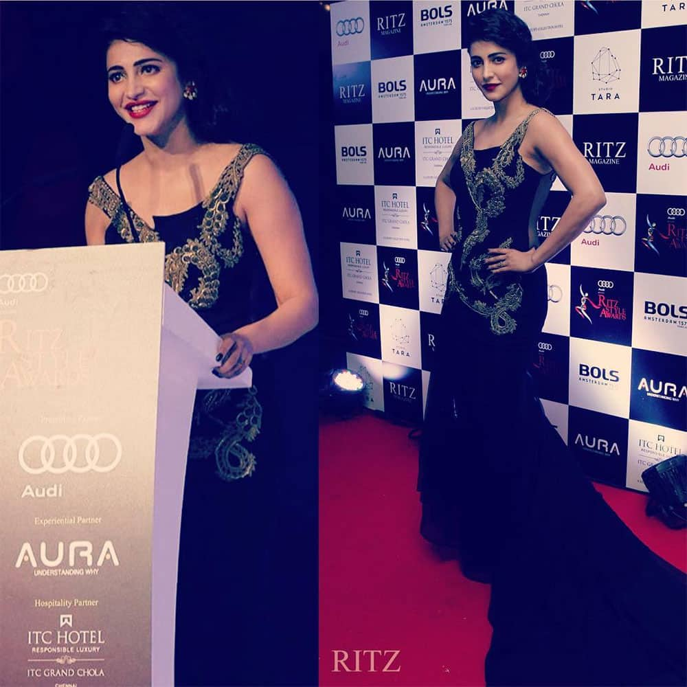 shruti haasan : -Thankyou ritz for my award the support and the appreciation !! -instagram