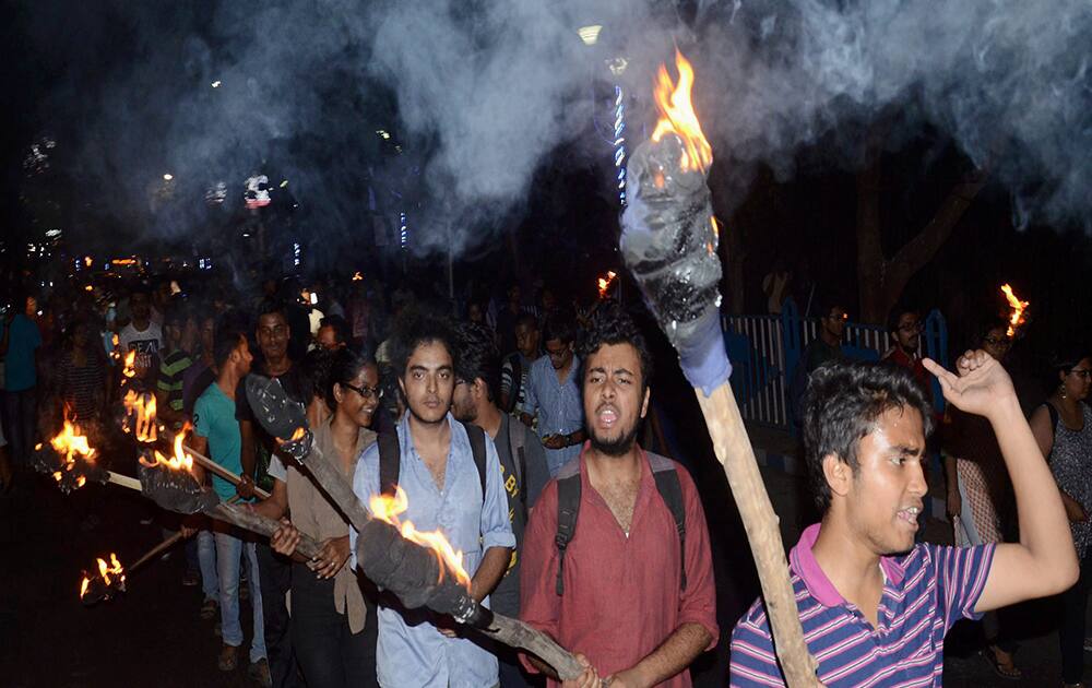 Jadavpur University students take out a torch rally in solidarity with JNUSU student Kanhiya Kumar in Kolkata.