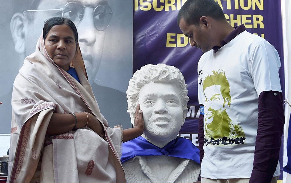 Rohith Vemulas mother Radhika at a protest rally over her sons suicide at Jantar Mantar in New Delhi.