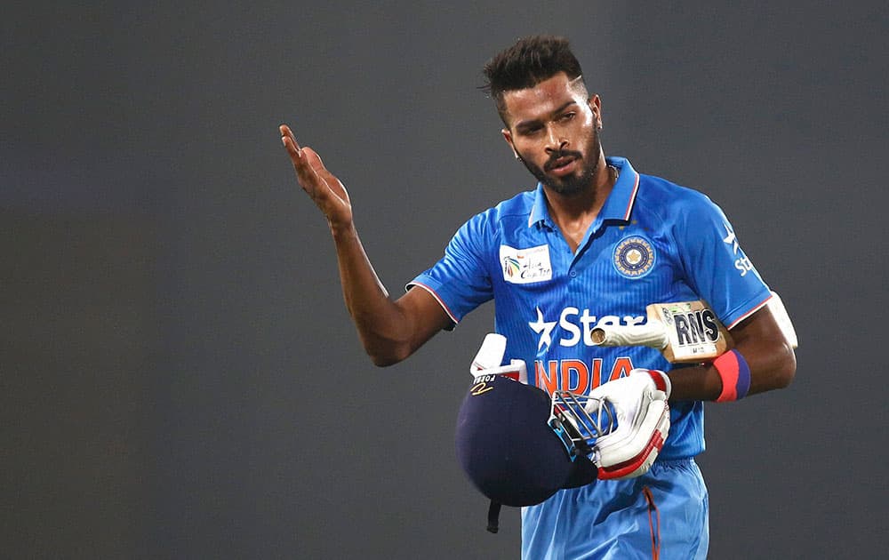 India’s Hardik Pandya reacts as he walks back to the pavilion after his dismissal by Bangladesh’s Al–Amin Hossain during the Asia Cup Twenty20 international cricket match against Bangladesh in Dhaka.