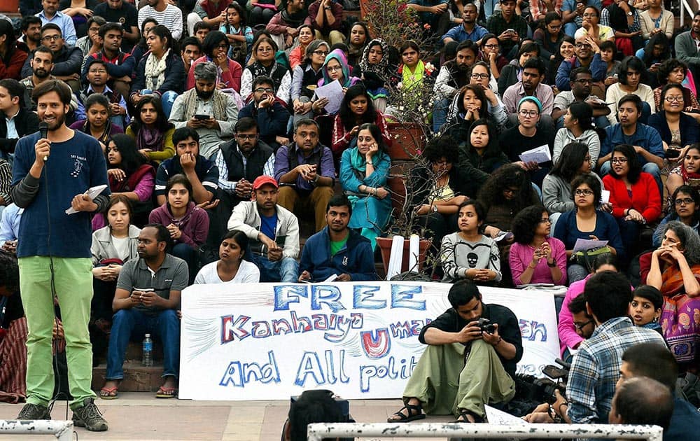 JNU students agitate for the release of students arrested on sedition charges on the university campus in New Delhi.