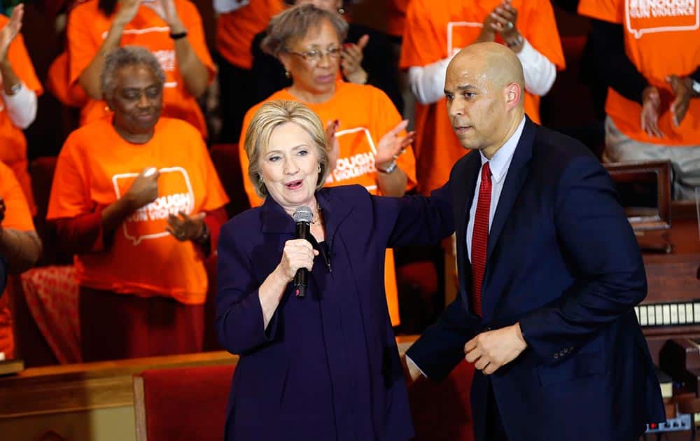Sen. Corey Booker, D-N.J., introduces Democratic presidential candidate Hillary Clinton at a campaign event at the Cumberland United Methodist Church in Florence, S.C.