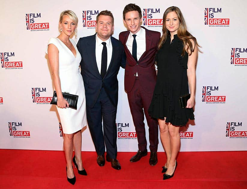 Julia Carey, left, James Corden, Eddie Redmayne and Hannah Bagshawe arrive at the 2016 The Film is GREAT Reception at Fig & Olive, in West Hollywood, Calif.