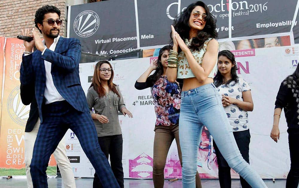 Actors Vicky Kaushal and Sarah Jane Dias perform during the promotion of their upcoming movie 'Zubaan' in Jalandhar.