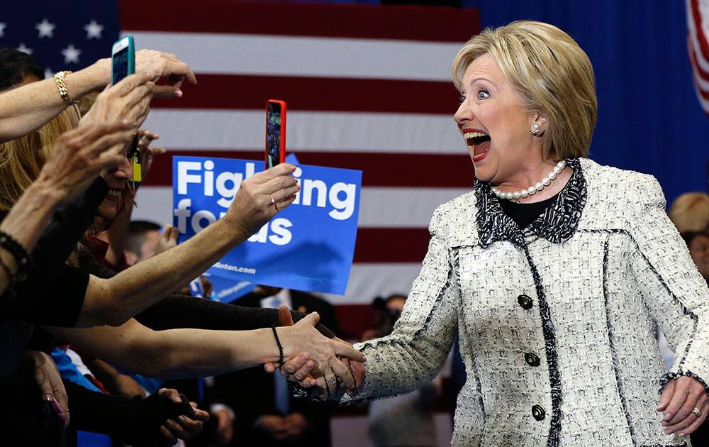 Democratic presidential candidate Hillary Clinton greets supporters at her election night watch party after winning the South Carolina Democratic primary in Columbia, S.C.