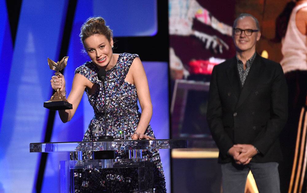 Brie Larson accepts the award for best female lead for “Room” at the Film Independent Spirit Awards in Santa Monica, Calif.