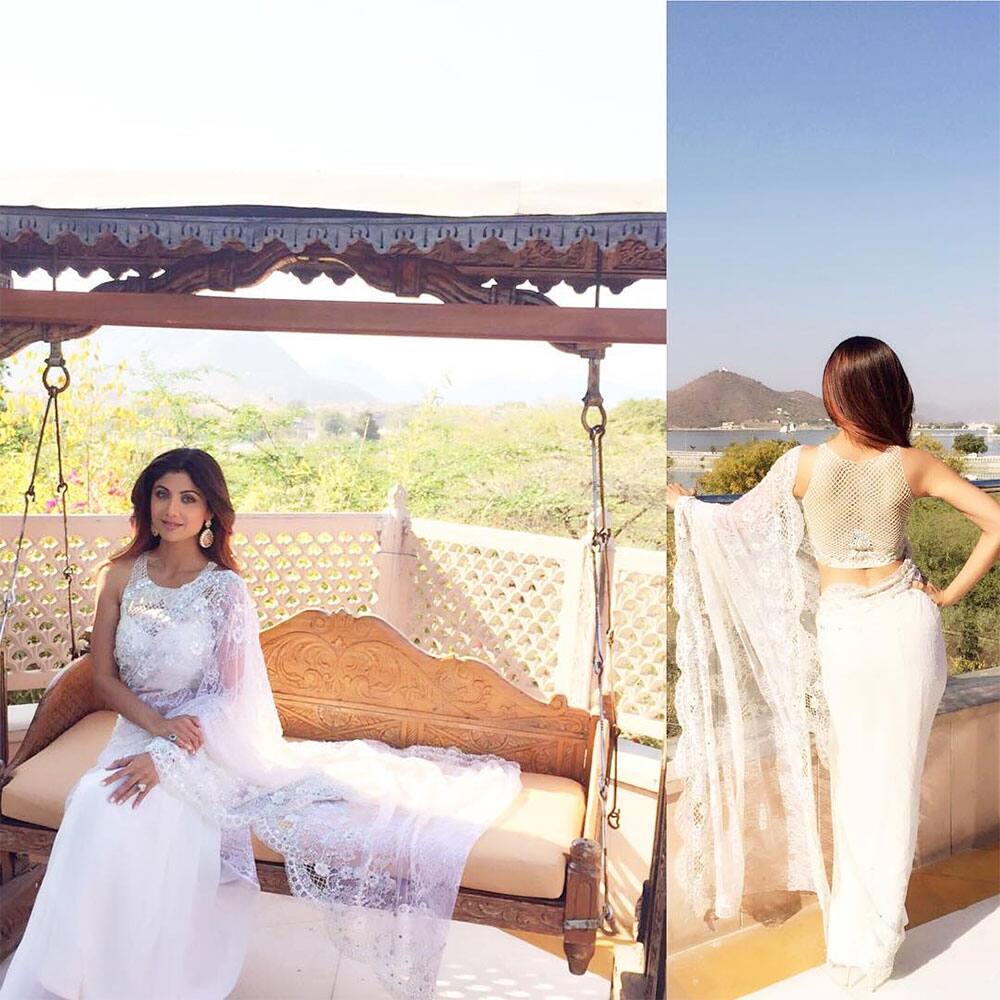 SHILPA SHETTY KUNDRA :-Landed in scenic Udaipur for an event loving this Chantilly lace sari gifted to me by… -instagram