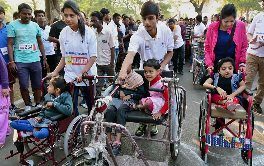 Differently abled children participate in Samaanta Run for Equality, a mini marathon organised by Uddip Social and Welfare Society in Bhopal.