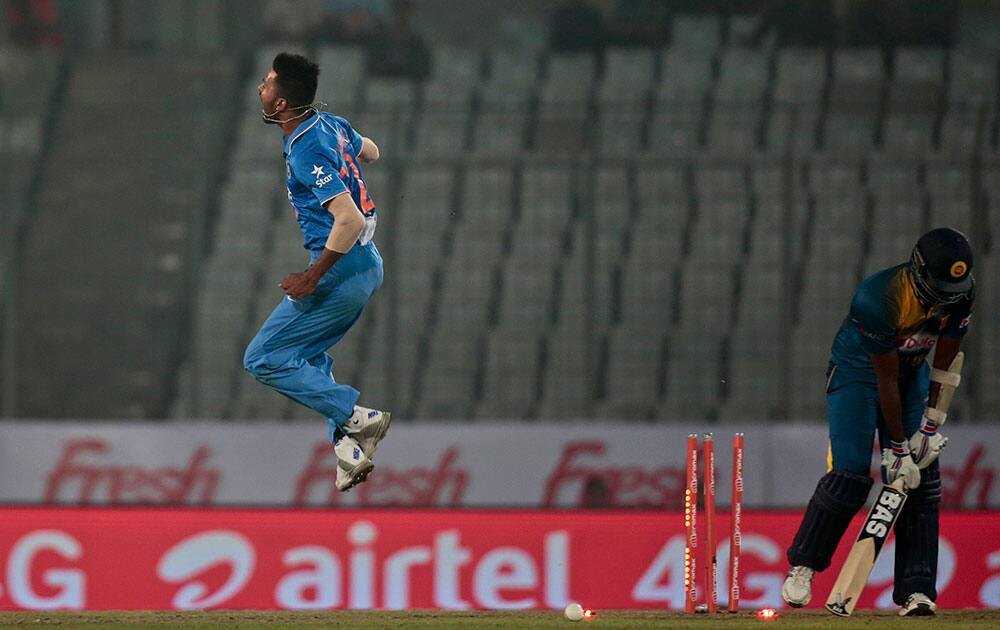Hardik Pandya reacts after claiming the wicket of Sri Lanka’s captain Angelo Mathews during their Asia Cup Twenty20 international cricket match in Dhaka, Bangladesh.
