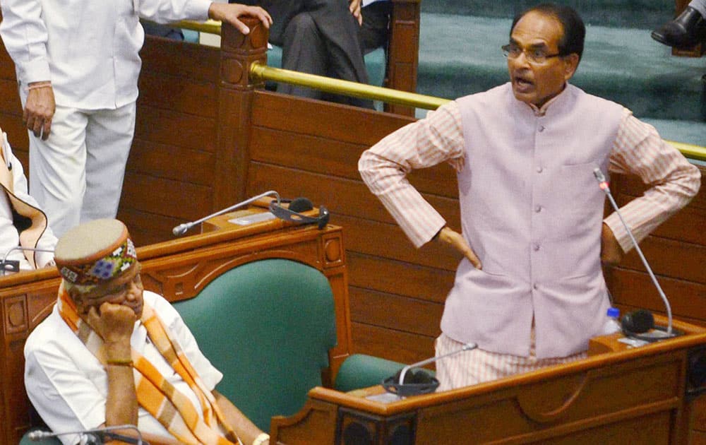 Madhya Pradesh Chief Minister Shivraj Singh Chouhan speaks in State Assembly in Bhopal.