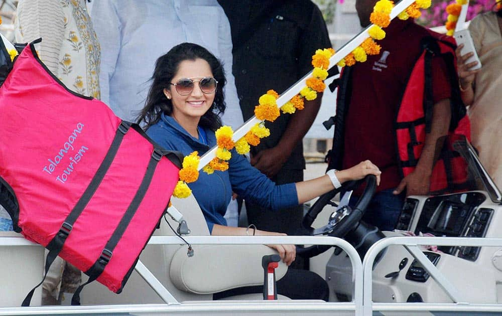 Tennis Star Sania Mirza, Brand Ambassador of Telangana State, inaugurates American Aluminum Catamaran Pontoon Boat at Hussain Sagar Lake Boating Unit, in Hyderabad.