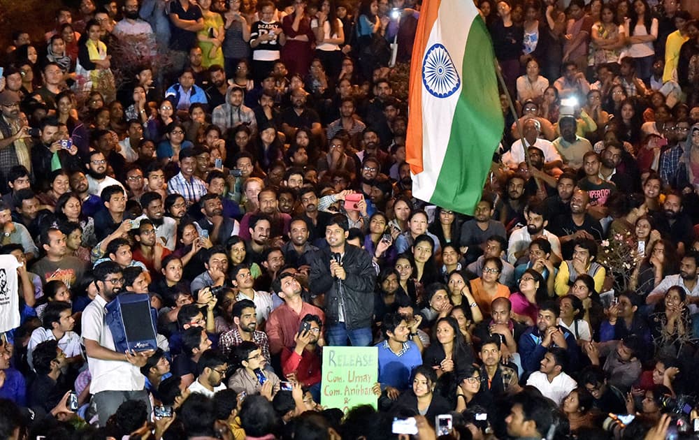 JNUSU President Kanhaiya Kumar addresses students after reaching at the JNU campus upon his release on bail, in New Delhi.