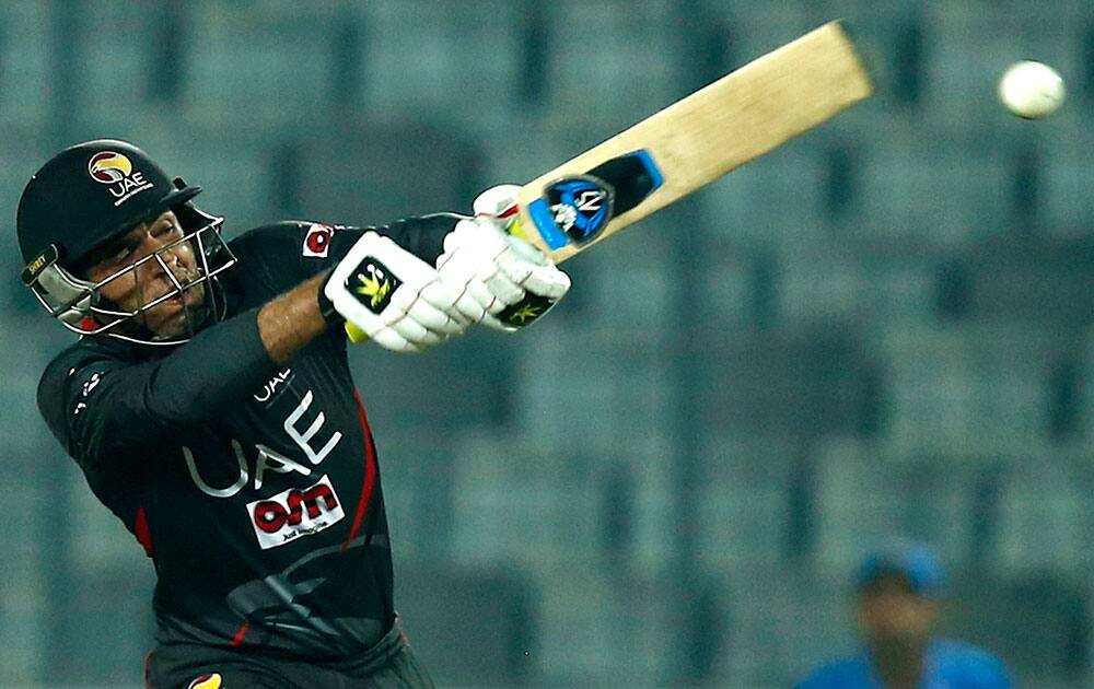 United Arab Emirates’ Rohan Mustafa plays a shot during the Asia Cup Twenty20 international cricket match against India in Dhaka.