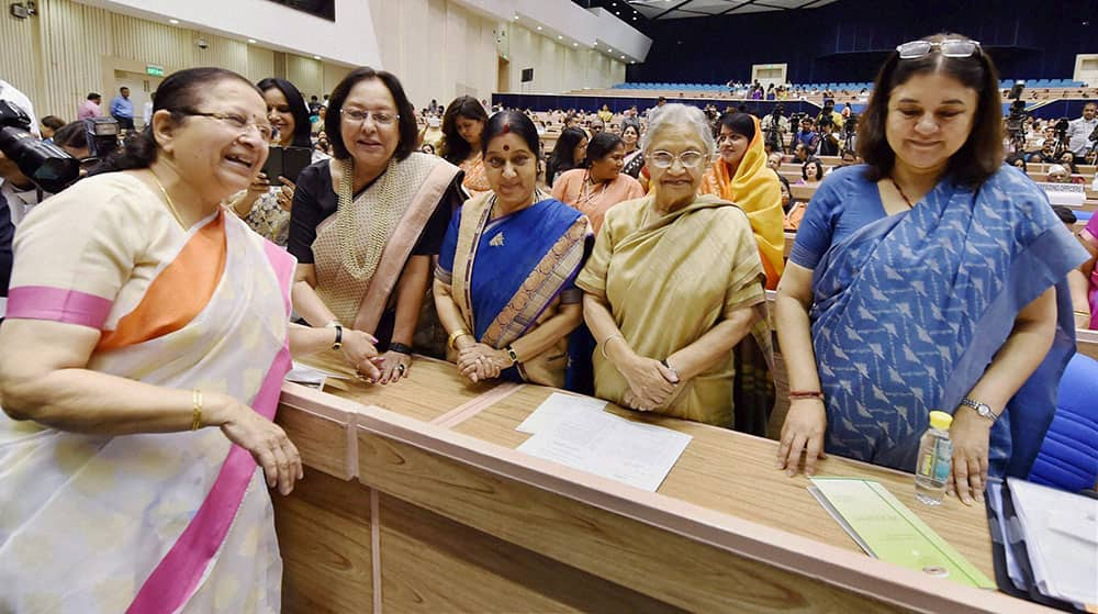 Lok Sabha Speaker, Sumitra Mahajan, Union Ministers Sushma Swaraj, Najma Heptullah, Menka Gandhi and former chief minister of Delhi, Sheila Dikshit during the inaugural session of the National Conference of Women Legislators in New Delhi.