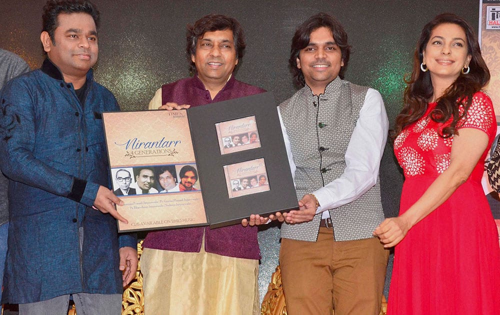 Bollywood music composer A R Rahman with actor Juhi Chawla during the launch of Bhavdeep and Sudeep Jaipurwales new music album Nirantarr, in Mumbai.

