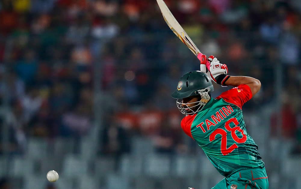 Bangladesh’s Tamim Iqbal plays a shot during the Asia Cup Twenty20 international cricket final match against India in Dhaka, Bangladesh.