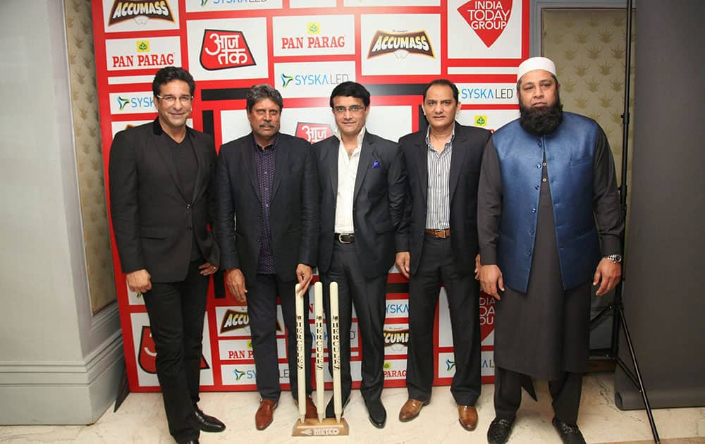 Former captains of India and Pakistan Wasim Akram, Kapil Dev, Sourav Ganguly, Mohd. Azharuddin and Inzamam-ul-Haq at the Aaj Tak Salaam Cricket Conclave in New Delhi.