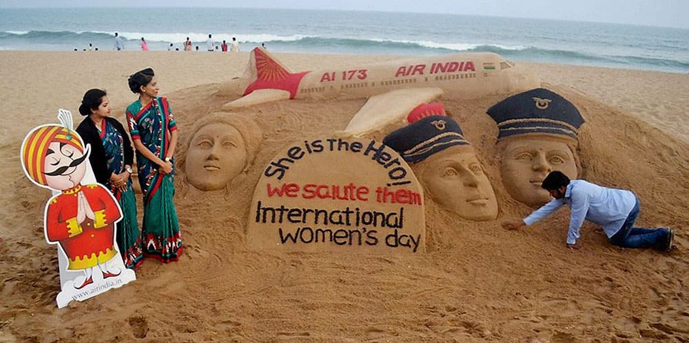 Sand artist Sudarsan Pattnaik has created a sand sculpture on the eve of International Womens Day to dedicate the Women team of Air India flew the “world’s longest” all-women operated and supported flight from the New Delhi to San Francisco, at Puri beach of Odisha.