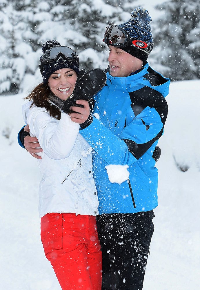 Britain's Prince William and Kate Duchess of Cambridge enjoy a snow ball fight as they enjoy a short private break skiing in the French Alps.