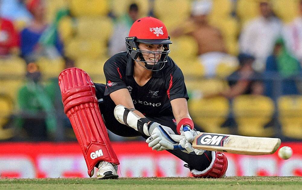 Hong Kong's Mark Chapman plays a shot against Zimbabwe during the ICC World Twenty20 2016 cricket tournament at the Vidarbha Cricket Association Stadium in Nagpur.