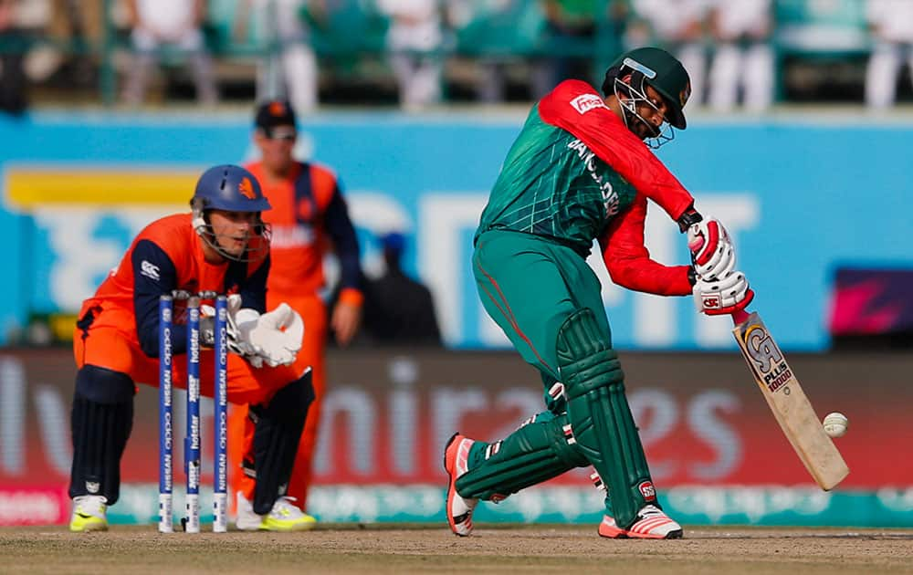 Bangladesh's Tamim Iqbal bats during the ICC World Twenty20 2016 cricket tournament against Netherlands at the Himachal Pradesh Cricket Association (HPCA) stadium in Dharmsala.