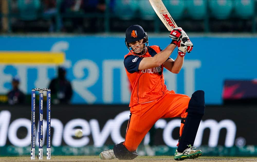 Logan van Beek of the Netherlands bats during the ICC World Twenty20 2016 cricket tournament against Bangladesh at the Himachal Pradesh Cricket Association (HPCA) stadium in Dharmsala.