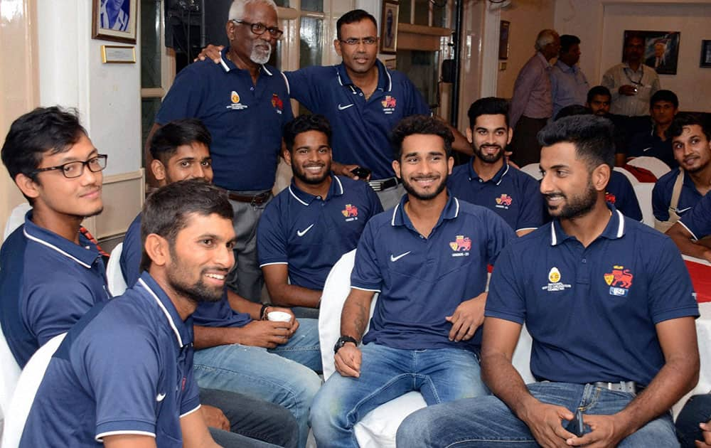 Under 23 Champions Mumbai cricket team members during their felicitation function at CCI in Mumbai.