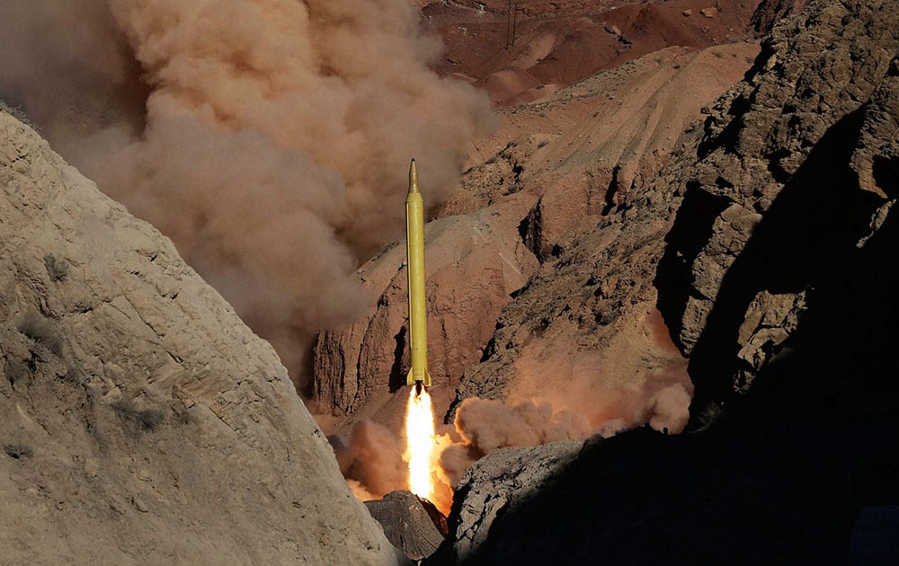a Qadr H long-range ballistic surface-to-surface missile is fired by Irans Revolutionary Guard, during a maneuver, in an undisclosed location in Iran.