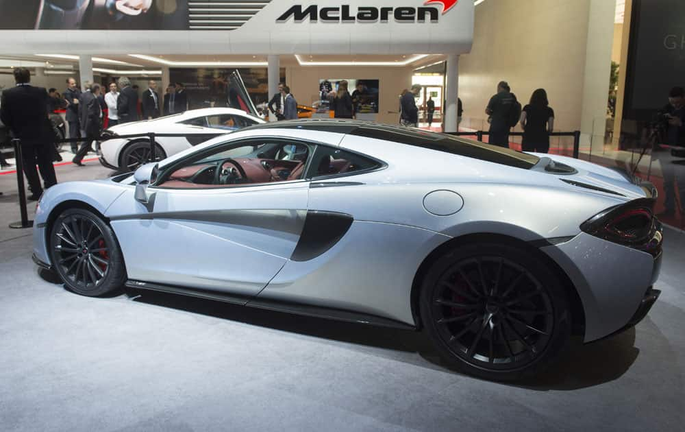 The New McLaren 570GT is shown during the press day at the 86th International Motor Show in Geneva, Switzerland.