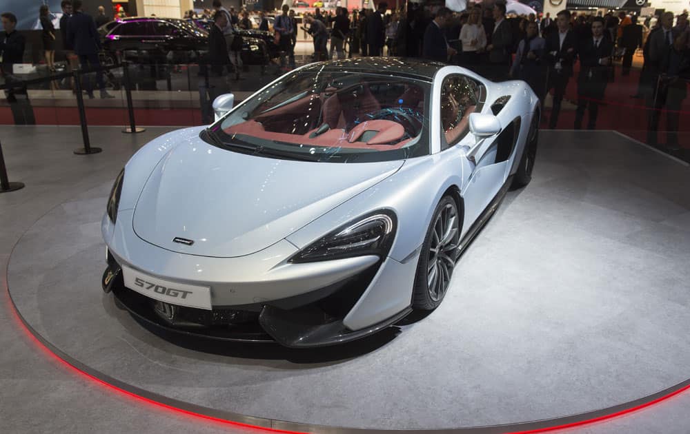 The New McLaren 570GT is shown during the press day at the 86th International Motor Show in Geneva, Switzerland.