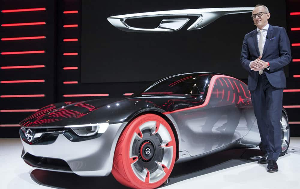 The Opel CEO Karl-Thomas Neumann presents the new concept car Opel GT Concept at the 86th International Motor Show in Geneva, Switzerland.