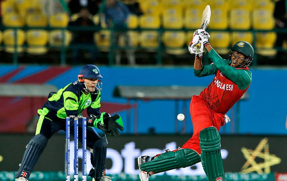 Bangladesh's Soumya Sarkar plays a shot during their match against Ireland at the ICC World Twenty20 2016 cricket tournament at the Himachal Pradesh Cricket Association (HPCA) stadium in Dharmsala.