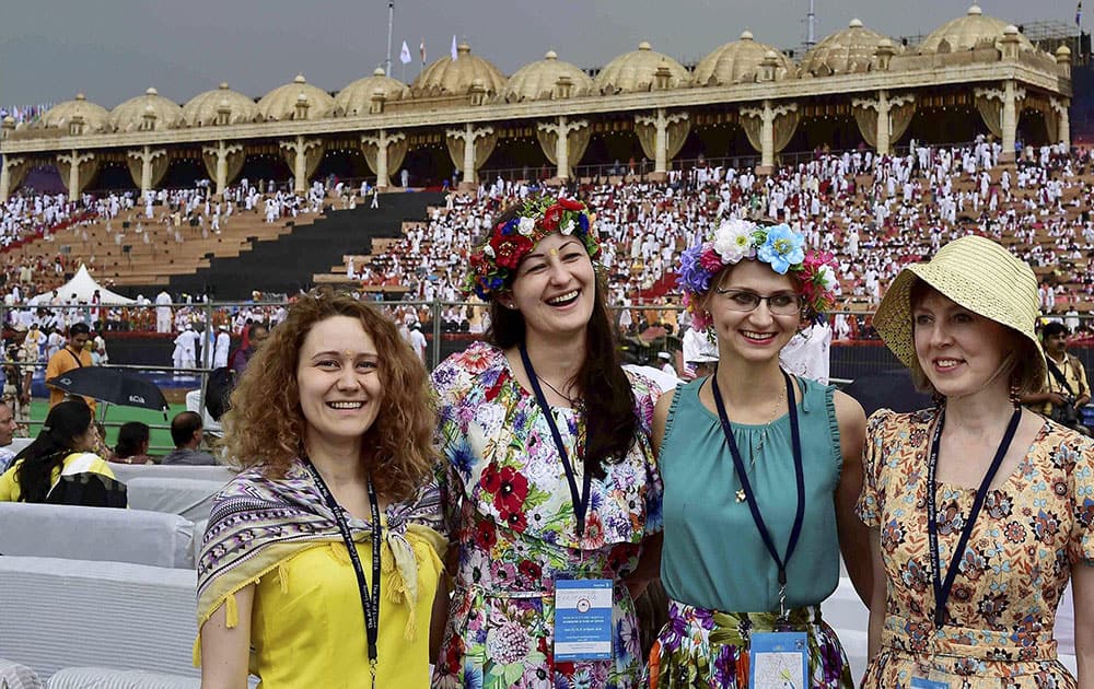 Foreign delegates during the opening day of the three-day long World Culture Festival on the banks of Yamuna River in New Delhi.