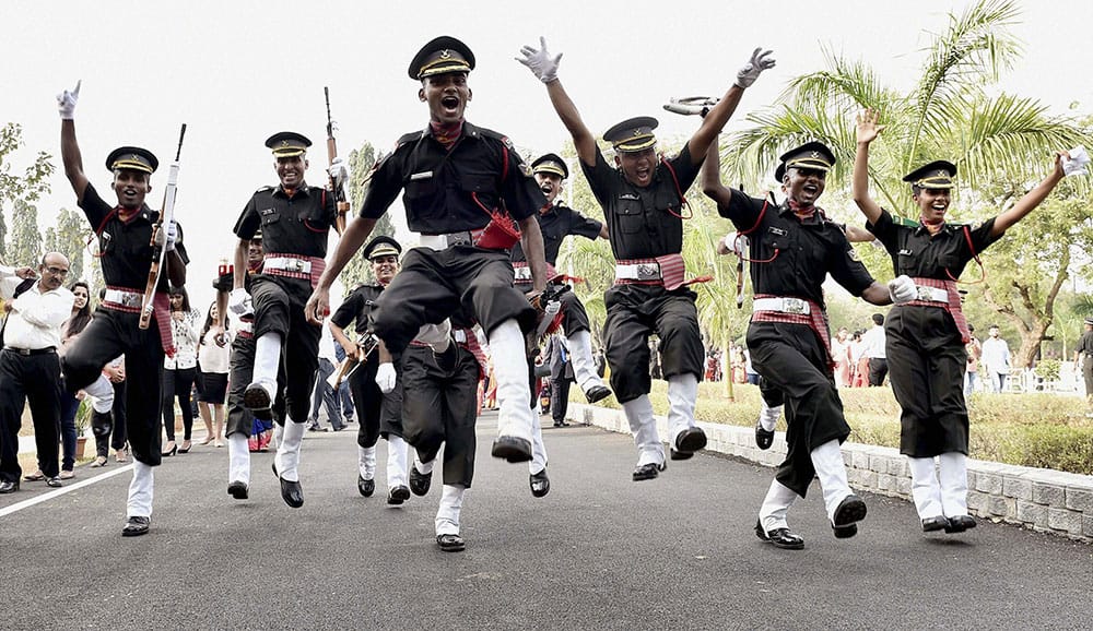 Newly commissioned lady officers in jubilant mood after their passing out parade at the Officers Training Academy in Chennai.