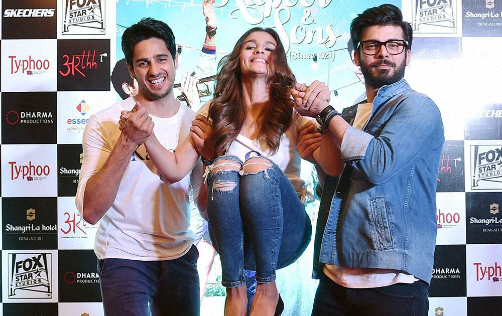 Bollywood actors Sidharth Malhotra, Alia Bhat and Fawad Khan during the promotion of their new movie Kapoor and Sons at a press conference in Bengaluru.
