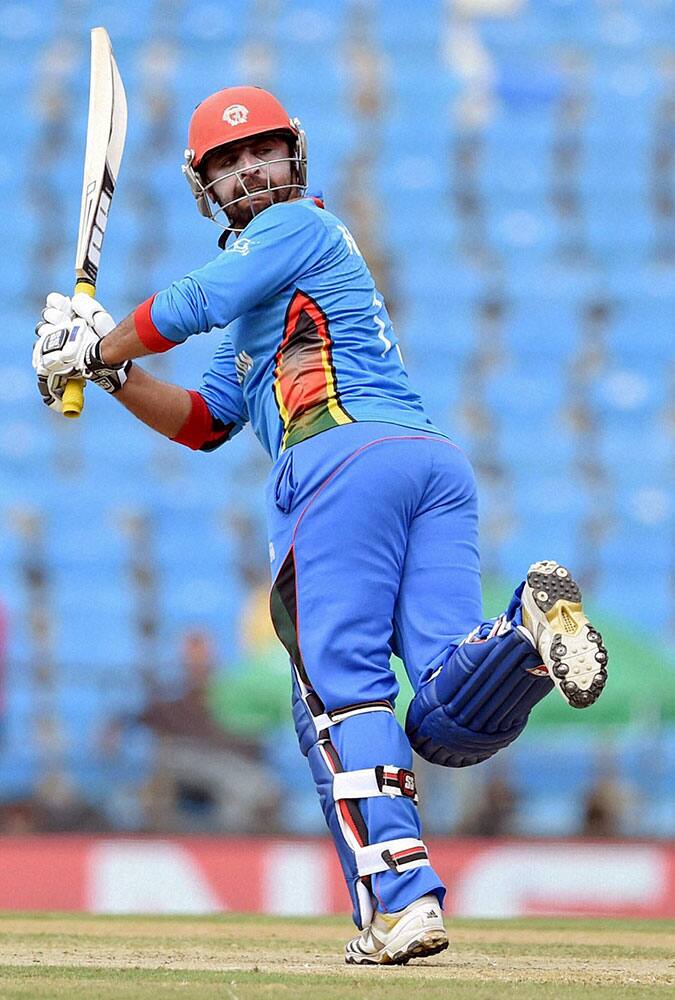 Afghanistan batsman Noor Ali plays a shot during the ICC World Twenty20 2016 cricket tournament against Zimbabwe in Nagpur.