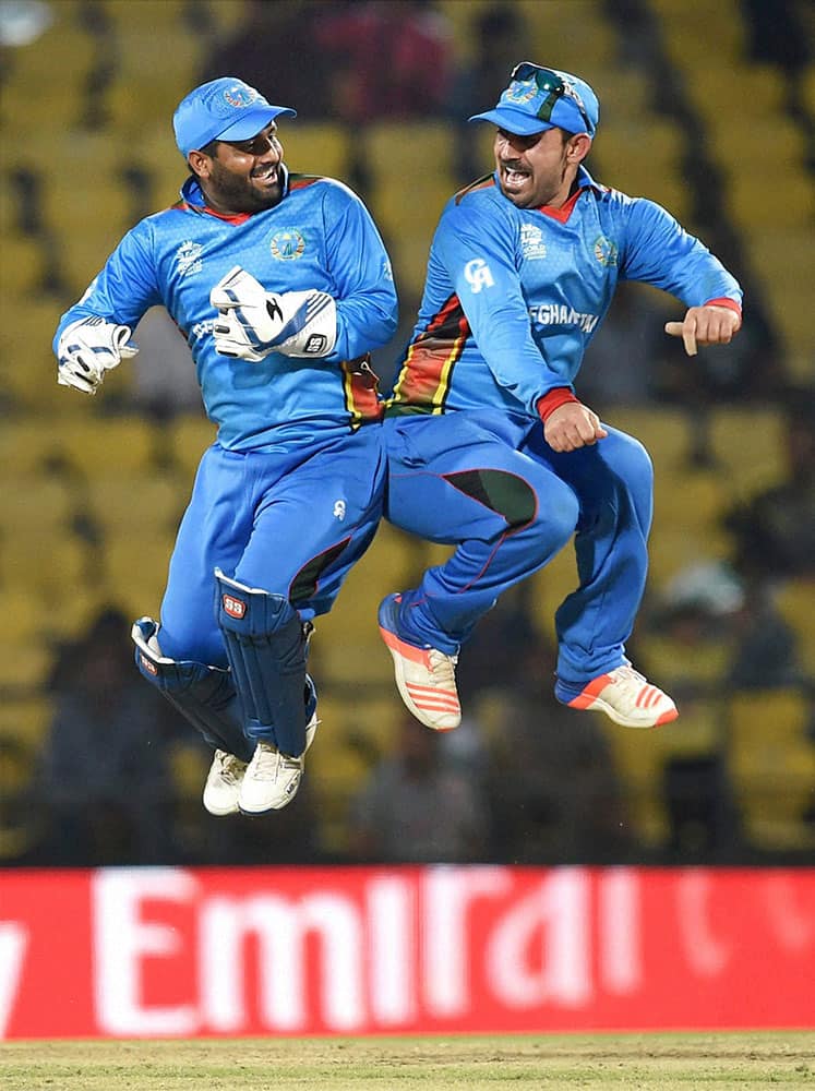 Afghanistan players celebrate their victory over Zimbabwe in the ICC World Twenty20 2016 cricket tournament in Nagpur.