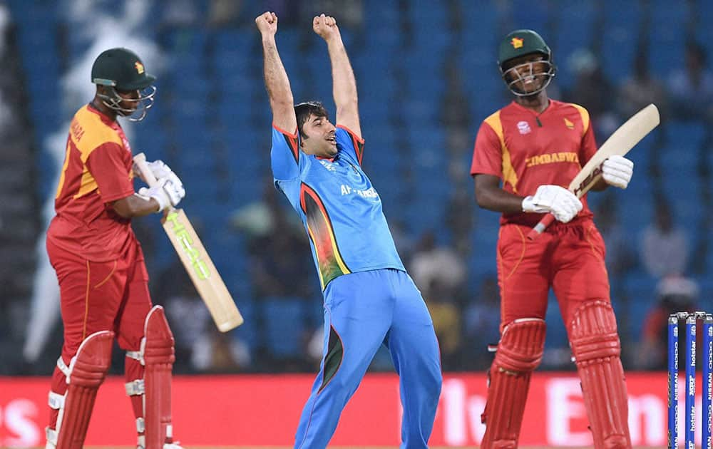 Afghanistan captain Asghar Stanikzai celebrates their victory against Zimbabwe in the ICC World Twenty20 2016 cricket tournament in Nagpur.