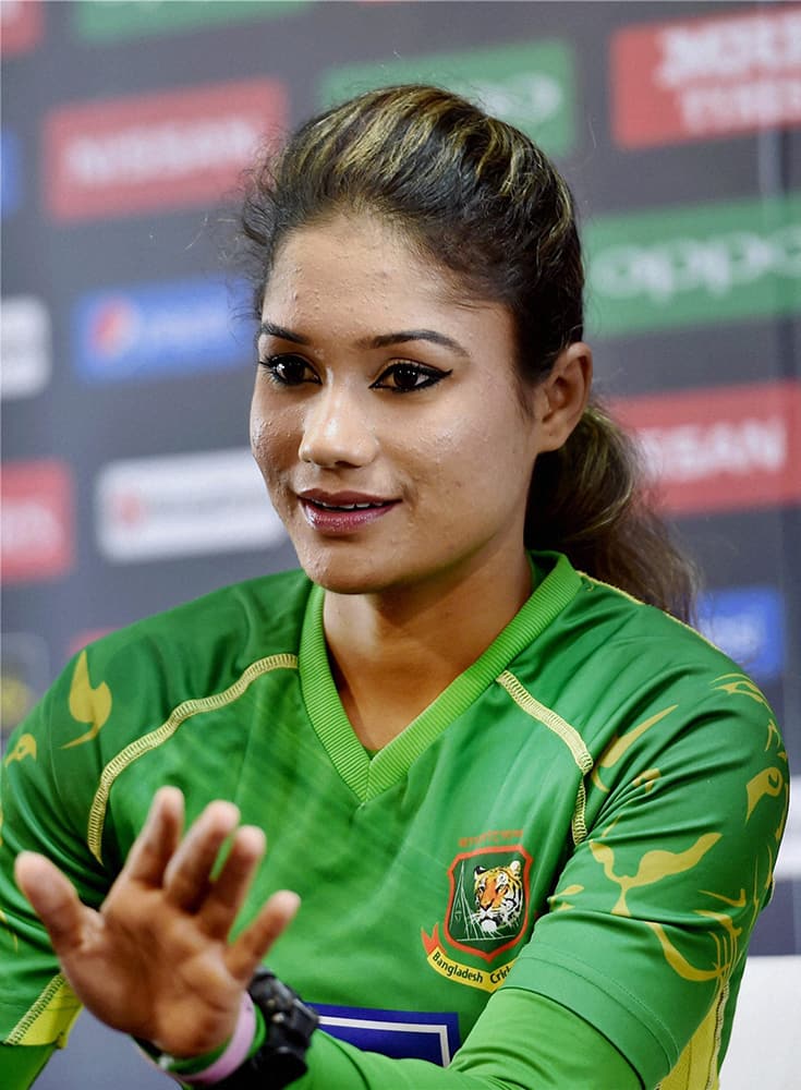 Bangladeshs Women Cricket teams captain Jahanara Alam addressing a press conferece ahead of the ICC Womens World T20 match against India at Chinnaswamy stadium in Bengaluru.