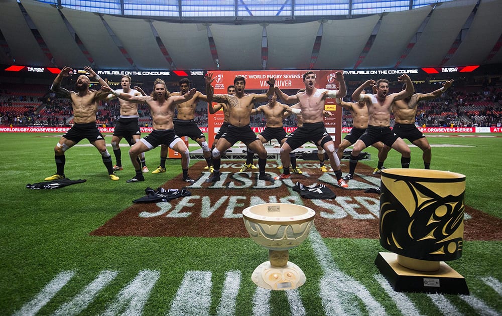 New Zealand players perform the haka after defeating South Africa during the World Rugby Sevens Series Canada Sevens Cup final in Vancouver, Canada.