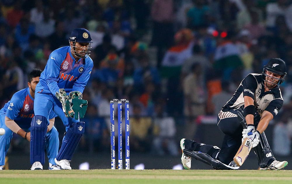 New Zealand's Corey Anderson plays a shot against India during the ICC World Twenty20 2016 cricket match at the Vidarbha Cricket Association stadium in Nagpur.