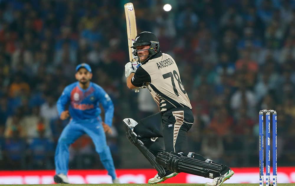 New Zealand's Corey Anderson plays a shot against India during the ICC World Twenty20 2016 cricket match at the Vidarbha Cricket Association stadium in Nagpur.