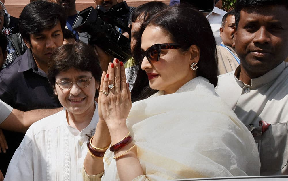 Rajya Sabha MP actress Rekha comes out of Parliament during the budget session in New Delhi.