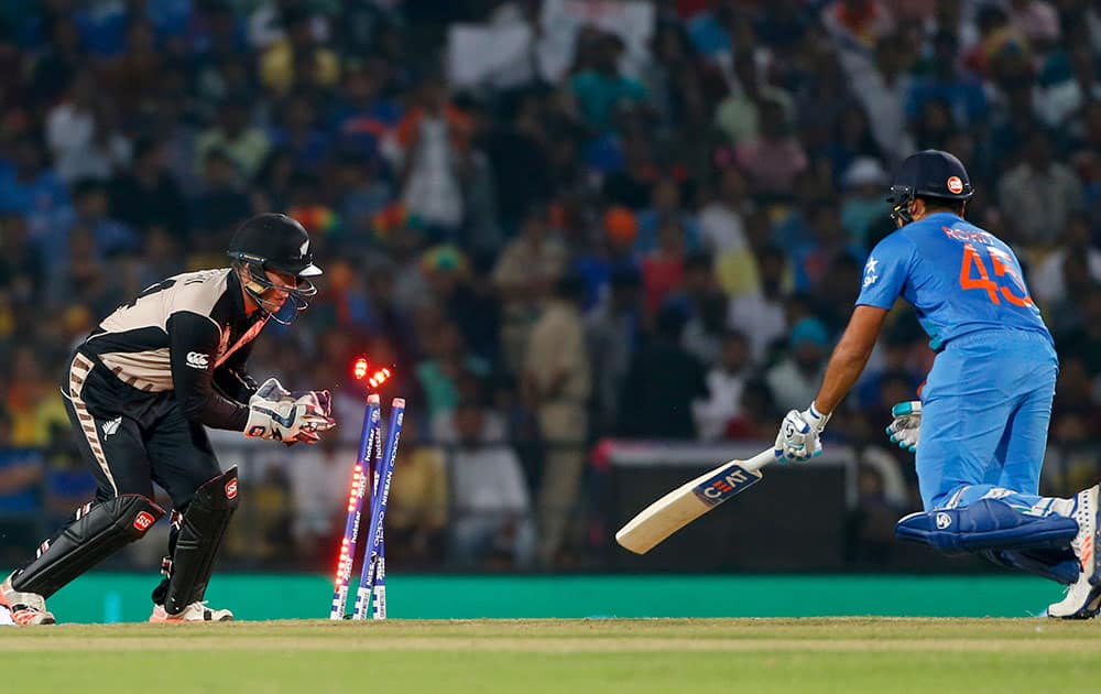 Rohit Sharma is stumped by New Zealand's Luke Ronchi during the ICC World Twenty20 2016 cricket match at the Vidarbha Cricket Association stadium in Nagpur.